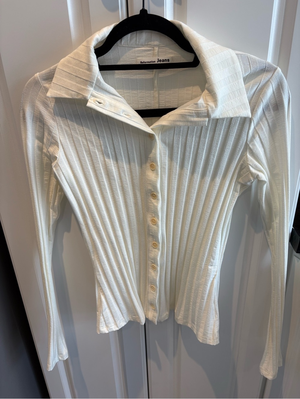 Reformation Cream Ribbed Button-Down Long Sleeve Top